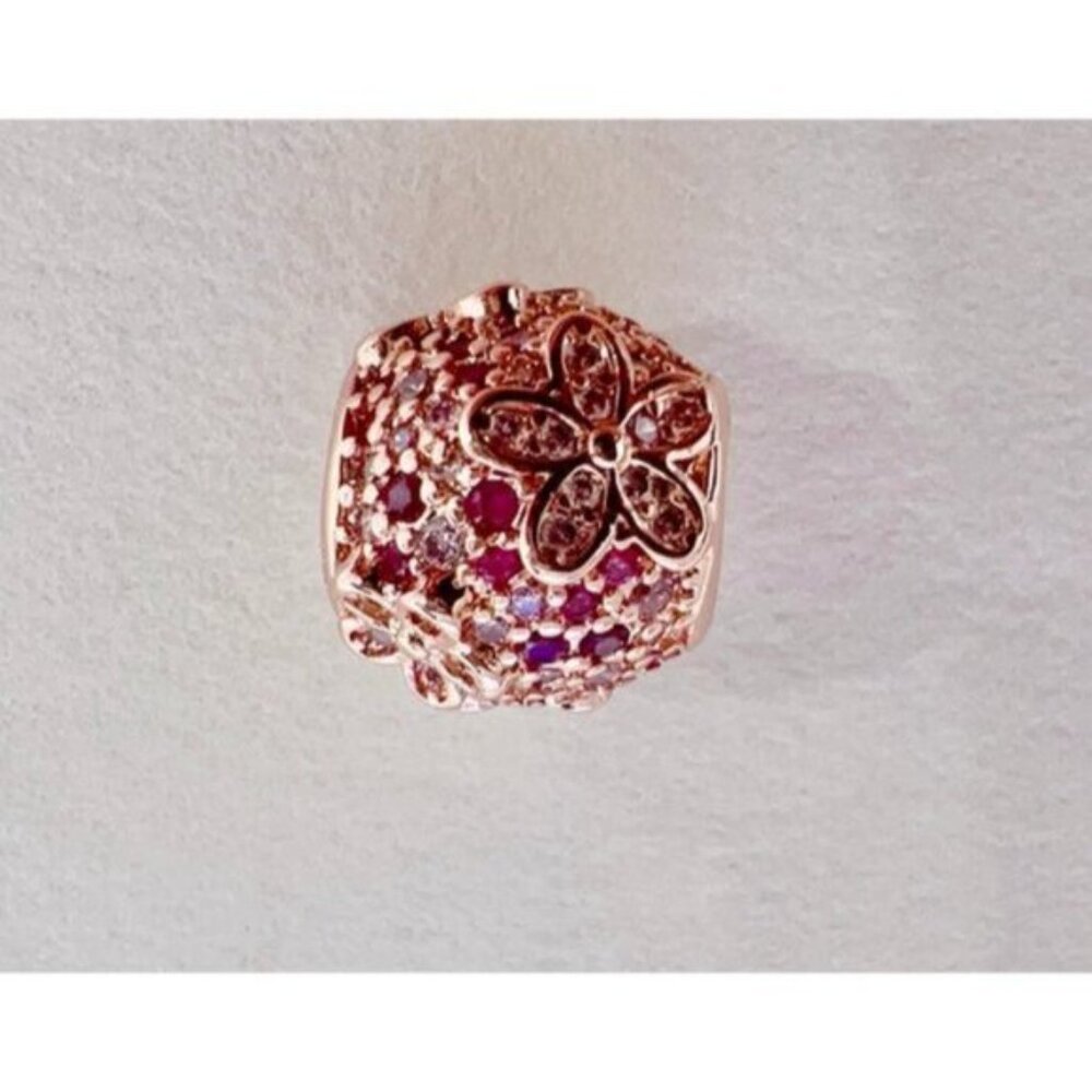 Pink Pavé Daisy Flower Charm - 14k rose gold - Fits Pandora Charm Bracelets - Picture 4 of 11